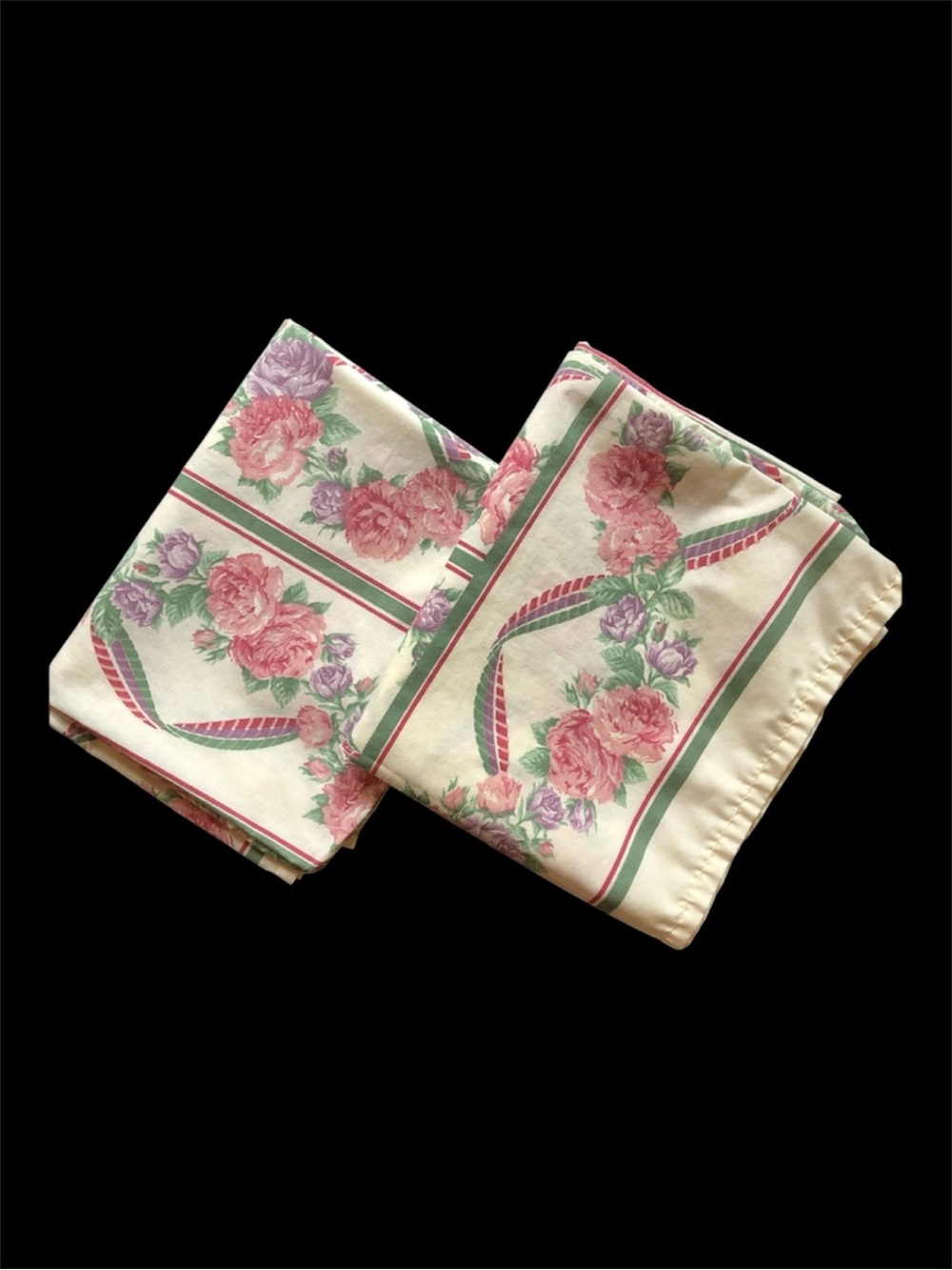 2 VTG Pillowcases - Beige w/ Pink & Purple Flowers / Stripes - Cannon